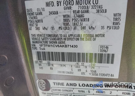 2010 Ford F-150 Fx2 Sport/Harley-Davidson/King Ranch/Lariat/Platinum/Xl/Xlt from USA, damaged, VIN 1FTFW1CV6AKB71430